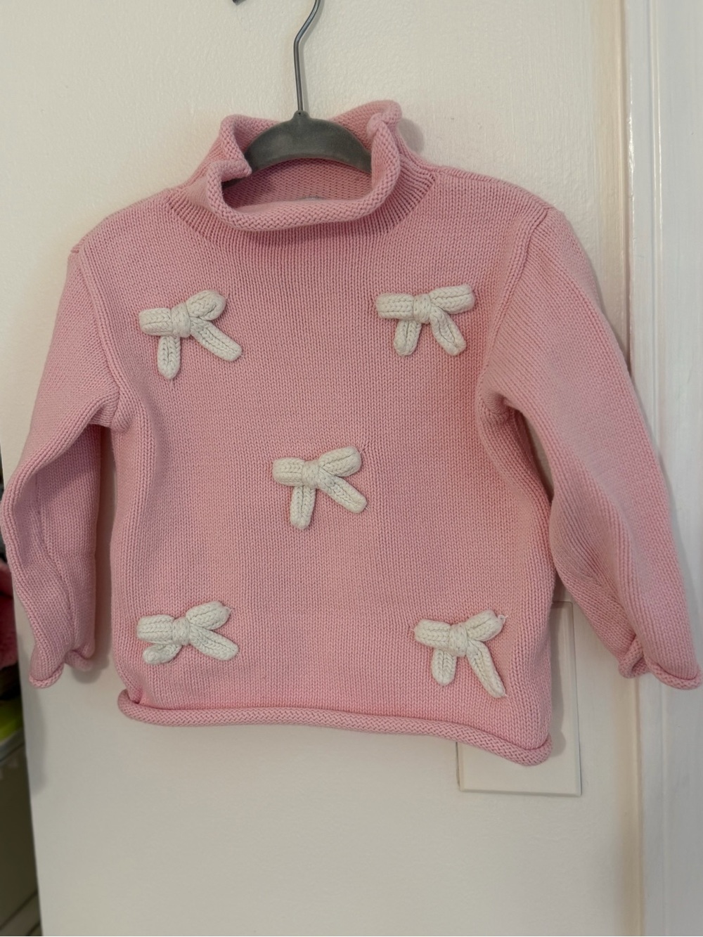 Baby Pink Knit Turtleneck Sweater with White Bows